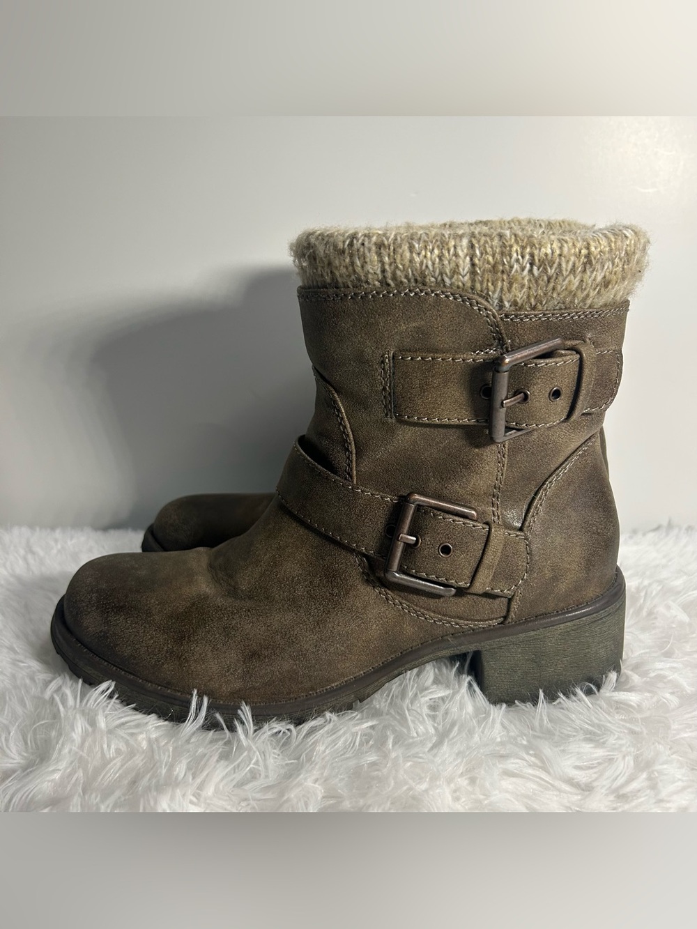 Roxy Brown Suede Buckle Ankle Boots with Knit Cuff